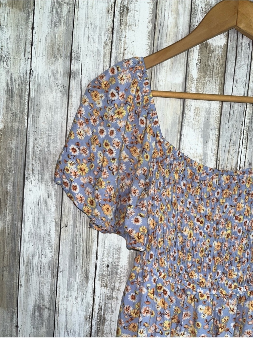 Altar’d State Blue Floral Smocked Mini Dress Open Back Puff Sleeve Cottagecore - Picture 3 of 6